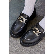 Nilufarr Pungy Siyah  Deri Troklu Kadın Loafer