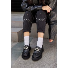 Nilufarr Pungy Siyah  Deri Troklu Kadın Loafer