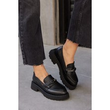 Nilufarr Lorita Siyah Hakiki Deri Taşlı Kadın Loafer