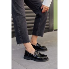 Nilufarr Gigi Siyah Rugan  Deri Taşlı Kadın Loafer