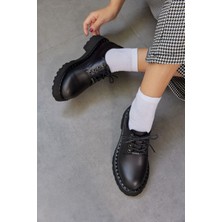 Nilufarr Pavia Siyah  Deri Bağcıklı Kadın Loafer