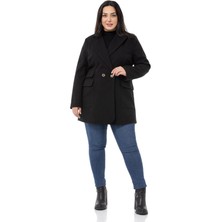 Disentis Modest Kadın Büyük Beden Siyah Kısa Astarlı Palto Polyester Uzun Kol Cep Detaylı