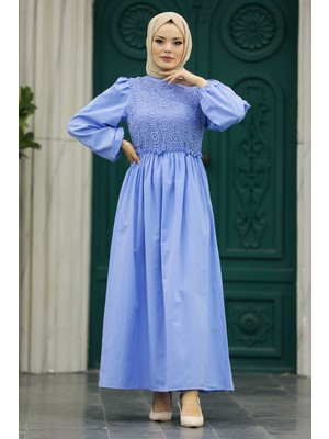 Neva Style Dantel Detaylı Mavi Tesettür Elbise 5857M