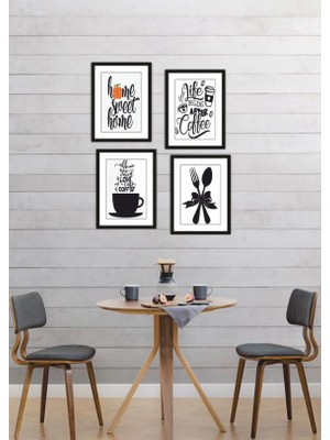 Trend Poster 4 Parça Mutfak Ev Dekorasyon Çerçeve Görünümlü Arkası Yapışkanlı Ahşap Mdf Tablo Set