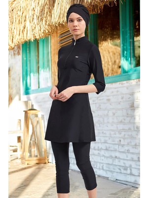 Adasea Kadın Likralı Yarı Kapalı Tesettür Mayo 3400 Siyah