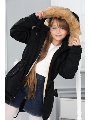 Kız Çocuk Kanvas Kumaş Su ve Rüzgar Geçirmez Çıkarılabilir Kapüşonlu İçi Kürk Astarlı Uzun Mont Kaban-MNT-0013