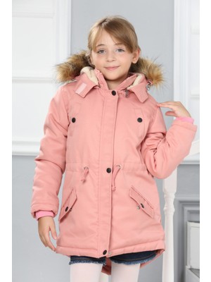Asortix Kız Çocuk Su ve Rüzgar Geçirmez Kanvas Kumaş Çıkarılabilir Kapüşonlu Içi Kürk Astarlı  Uzun Mont KABAN-MNT-0055-K