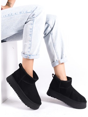 Mubiano MBUCC1-S Mini Siyah Süet  içi Kürklü Kalın Thermo Taban Yarım Bot & Bootie