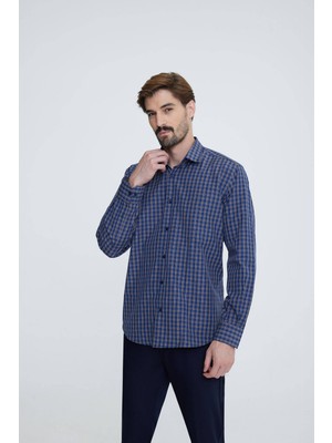Erkek Lacivert Uzun Kol Regular Fit Yaka Düğmeli Gömlek