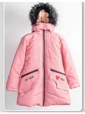 Şen Kalp Detaylı Kız Çocuk Pembe Içi Polarlı Şişme Kapüşonlu Mont Kaban