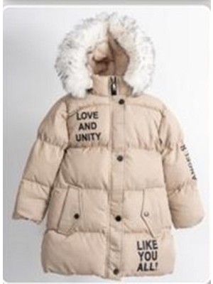 Şen Love Baskılı Bej Içi Polarlı Kapüşonlu Kız Çocuk Şişme Mont Kaban