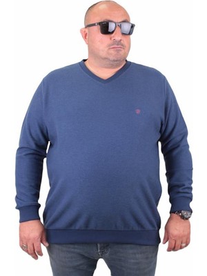 Starbattal Büyük Beden Marin Renk V Yaka Classic Sweatshirt Uzun Kol Erkek 23201