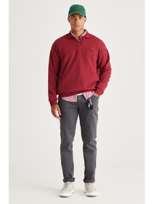 AC&Co / Altınyıldız Classics Erkek Bordo Loose Fit Içi Polarlı 3 Iplik Polo Yaka Jakarlı Sweatshirt