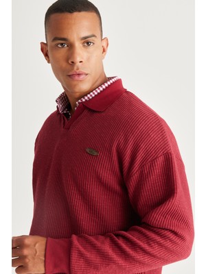 AC&Co / Altınyıldız Classics Erkek Bordo Loose Fit Içi Polarlı 3 Iplik Polo Yaka Jakarlı Sweatshirt