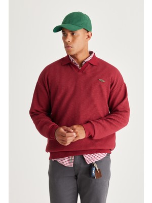 AC&Co / Altınyıldız Classics Erkek Bordo Loose Fit Içi Polarlı 3 Iplik Polo Yaka Jakarlı Sweatshirt