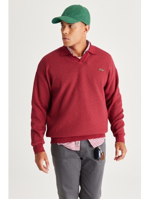 AC&Co / Altınyıldız Classics Erkek Bordo Loose Fit Içi Polarlı 3 Iplik Polo Yaka Jakarlı Sweatshirt