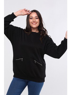 Kadın Büyük Beden Fermuarlı Cep Detaylı Basic Siyah Sweatshirt