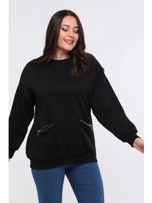 Kadın Büyük Beden Fermuarlı Cep Detaylı Basic Siyah Sweatshirt