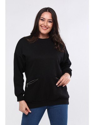 Kadın Büyük Beden Fermuarlı Cep Detaylı Basic Siyah Sweatshirt