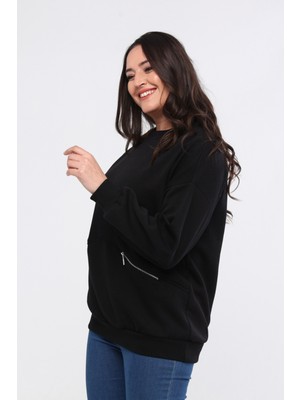 Kadın Büyük Beden Fermuarlı Cep Detaylı Basic Siyah Sweatshirt