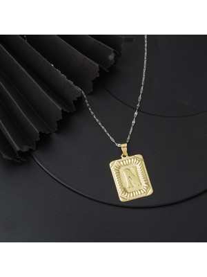 Bilezikci Kare Plakalı N Harf Kolye Ucu 14 Ayar Altın