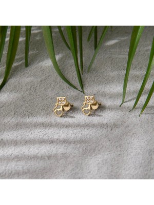 goldkupe 14K Altın Taşlı Kedi Kalp Küpe