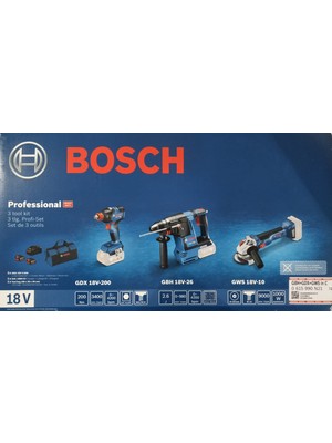 Bosch Profesyonel Set: Akülü Kırıcı-Delici Gbh 18V-26 + Akülü Darbeli Vidalama/somun Sıkma Makinesi Gdx 18V-200 + Akülü Avuç Taşlama Makinesi Gws 18V-10 + 2 x 5.0 Ah Akü Çanta Içinde