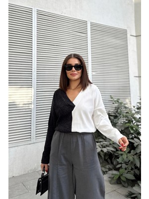 New Laviva Kadın Antrasit & Ekru Günlük Stil V Yaka Color Block, Uzun Kol Kazak Bluz, Pamuklu Sweatshirt