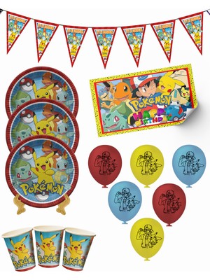 snowparty Pokemon Pikachu Bayraklı ve Afişli 8 Kişilik Doğum Günü Parti Malzemeleri Süsleri Seti