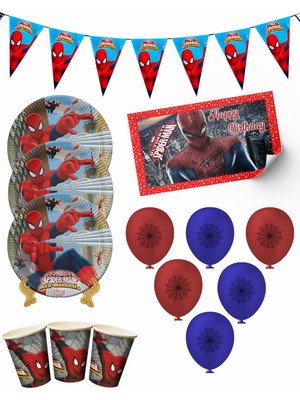 snowparty Spiderman Örümcek Adam Bayraklı ve Afişli 32 Kişilik Doğum Günü Parti Malzemeleri Süsleri Seti
