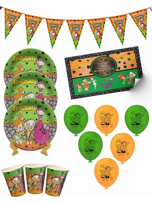 snowparty Taş Devri Çakıl Bambam Bayraklı ve Afişli 8 Kişilik Doğum Günü Parti Malzemeleri Süsleri Seti