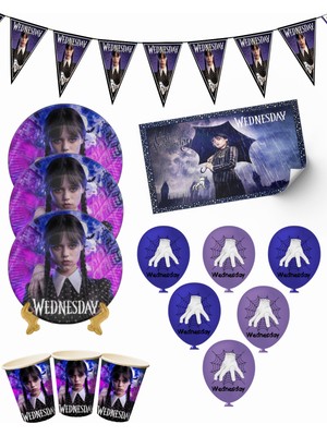 snowparty Wednesday Addams  Bayraklı ve Afişli 24 Kişilik Doğum Günü Parti Malzemeleri Süsleri Seti