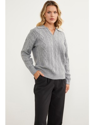 Sementa Polo Yaka Desenli Triko Kazak - Açık Gri