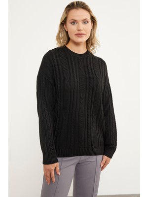 Sementa Saç Örgü Detaylı Basic Triko Kazak - Siyah