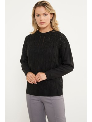 Sementa Sıfır Yaka Zik Zak Motifli Triko Kazak - Siyah