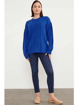 Sementa Saç Örgü Detaylı Basic Triko Kazak - Saks