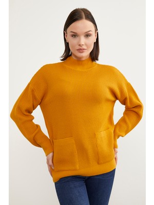 Sementa Petek Örgü Dik Yaka Triko Kazak - Güneş