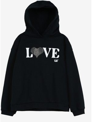 Caterpillar Lacivert Kız Çocuk Bisiklet Yaka Düşük Omuz Oversize Baskılı Sweatshirt C3WG-SWT103