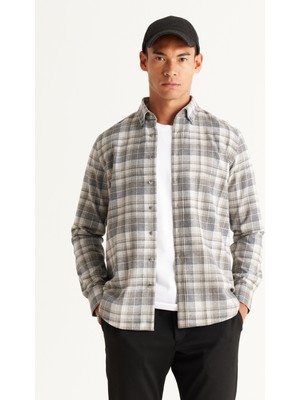 ALTINYILDIZ CLASSICS Erkek Gri-Beyaz Slim Fit Dar Kesim Düğmeli Yaka Pamuklu Ekose Desenli Flanel Oduncu Gömlek