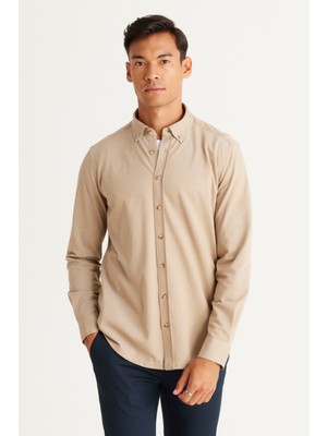 ALTINYILDIZ CLASSICS Erkek Vizon Slim Fit Dar Kesim Düğmeli Yaka Pike Desenli Örme Gömlek