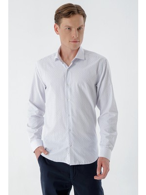 Morven  Erkek Beyaz Trend Çizgili Panolu Italyan Yaka Slim Fit Gömlek