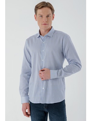 Morven  Erkek Mavi B.gabardin Pamuk Desenli Slim Fit Gömlek