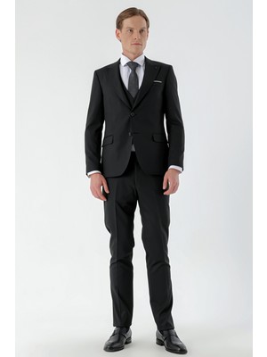 Morven  Erkek Siyah Poliviskon Basic Yelekli Jakar Desen Slim Fit Sivri Yaka Takım Elbise