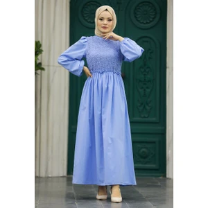 Neva Style Dantel Detaylı Mavi Tesettür Elbise 5857M
