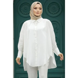 Neva Style Arkası Uzun Ekru Tesettür Gömlek 10236E