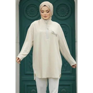 Neva Style Fermuar Detaylı Bej Tesettür Tunik 10224BEJ