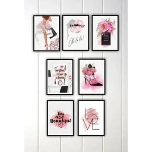Trend Poster 7 Parça Ev Dekorasyon Pembe Çerçeve Görünümlü Arkası Yapışkanlı Çoklu Mdf Tablo Set