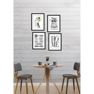 Trend Poster 4 Parça Mutfak Ev Dekorasyon Çerçeve Görünümlü Arkası Yapışkanlı Ahşap Mdf Tablo Set