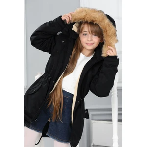 Kız Çocuk Kanvas Kumaş Su ve Rüzgar Geçirmez Çıkarılabilir Kapüşonlu İçi Kürk Astarlı Uzun Mont Kaban-MNT-0013