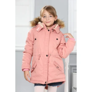 Kız Çocuk Kanvas Kumaş Su ve Rüzgar Geçirmez Çıkarılabilir Kapüşonlu İçi Kürk Astarlı Uzun Mont Kaban-MNT-0013